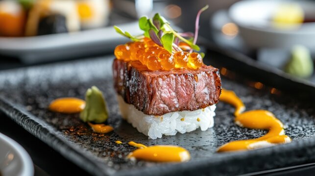 Elegant Wagyu Sushi on Black Plate