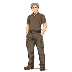 Fototapeta premium Anime middle-aged man in a thermal top with cargo pants on a white background.
