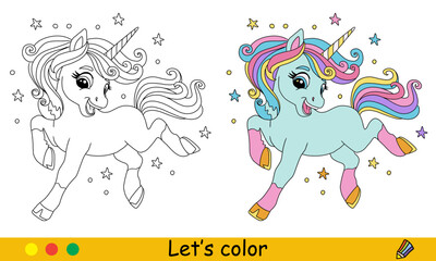 Kids coloring with color template cute turquoise unicorn