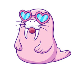 Cute Walrus Cartoon Kawaii Sticker. Character Vector Illustration
