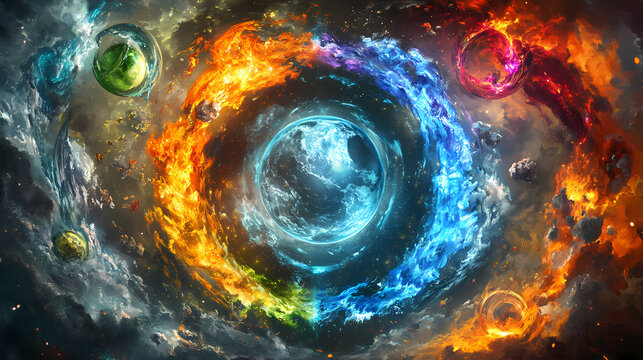 Circle of elements with fire, water, earth, air and aether. Aether. Illustration