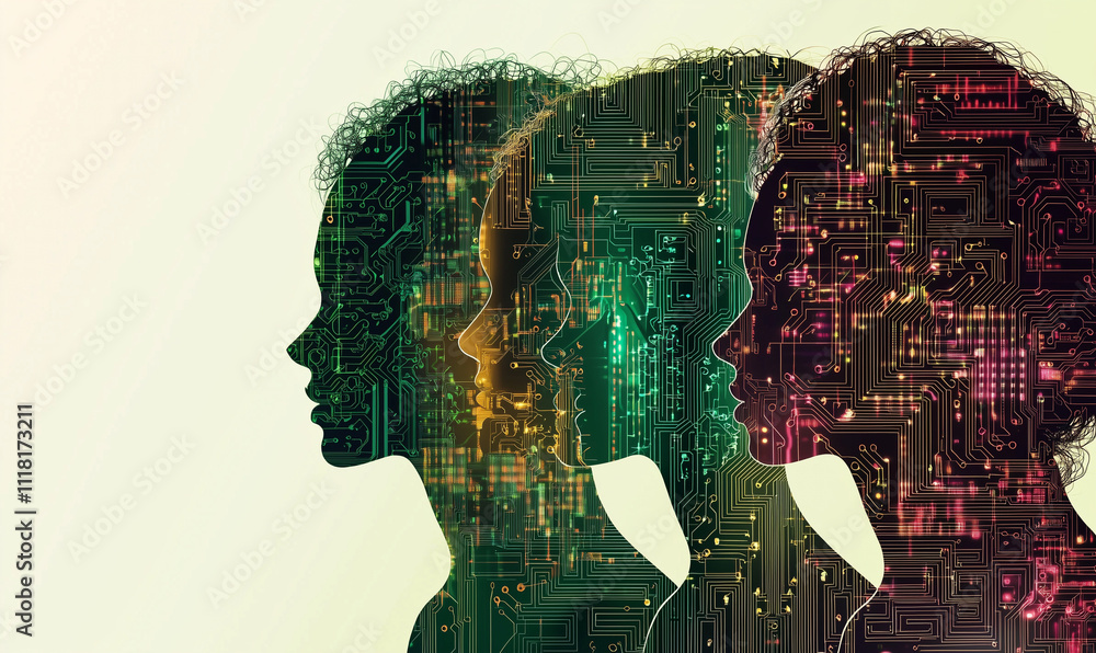 Aufkleber a digital artwork depicting three profiles filled with circuit patterns, symbolizing the intersectio