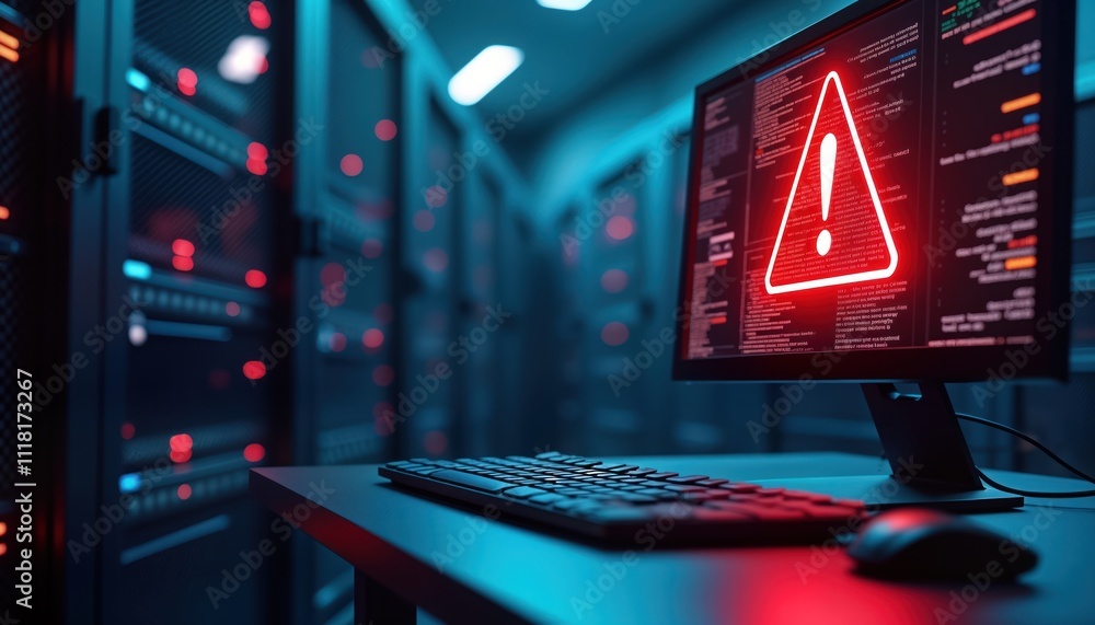 Leinwandbilder computer screen shows warning alert in dark server room. cybersecurity warning sign on tech screen. 