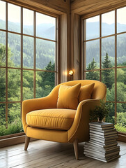 Yellow armchair in wooden cabin with mountain view.