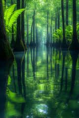 Serene swamp with lush green trees and calm water reflecting the forest.