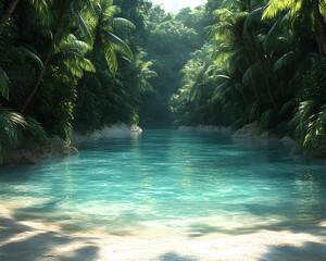 Serene tropical river flows through lush jungle.