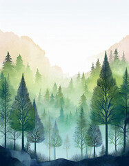 watercolor painting background of a green large forest with some areas covered with mist and some mountains behind. Copy space areas