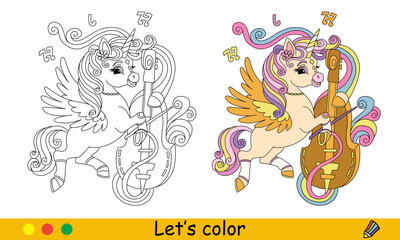 Kids coloring with color template unicorn plays the double bass