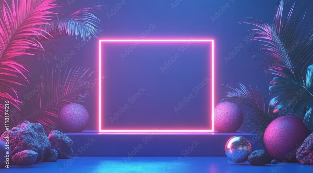 Poster 3d rendering of an empty podium with a neon light square frame on a blue background