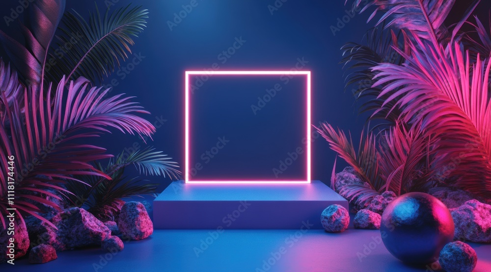 Poster 3d rendering of an empty podium with a neon light square frame on a blue background