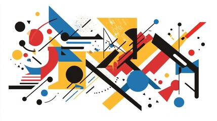 Abstract geometric art with red, blue, yellow, and black shapes on white background.