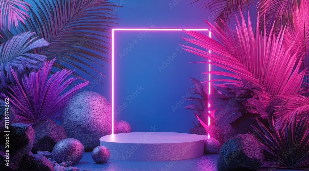 Poster 3d rendering of an empty podium with a neon light square frame on a blue background