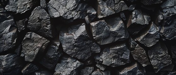 Close-up of rugged black rocks, showcasing their jagged texture and natural formations, evoking a sense of earthy strength.