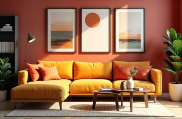 Modern living room design features coral terracotta sectional sofa. Walls dark beige. Artistic gallery-style prints on walls. Colorful interior mockup with yellow couch orange cushions, small wooden