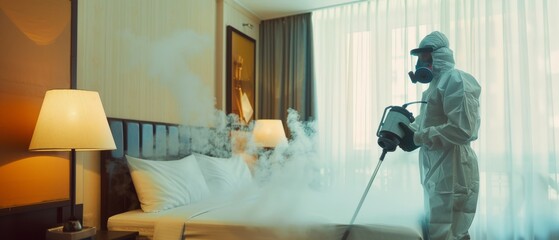 A person dressed in protective gear sanitizes a hotel room using a fogging machine, surrounded by mist in a softly lit, modern interior.