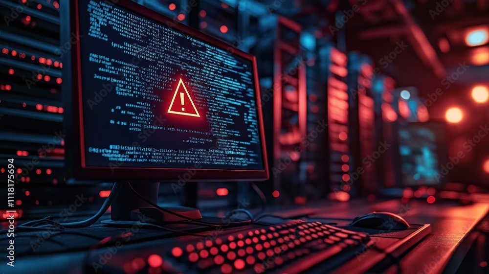 Poster server room alert. computer screen shows tech warning. dimly lit room with server racks. digital sec
