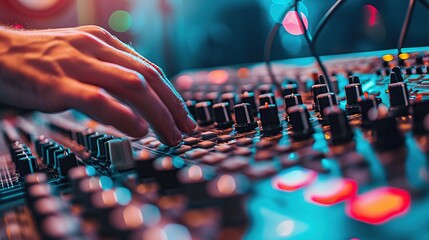 Close-up of a hand adjusting knobs and buttons on a music mixer console during a vibrant concert.  The image evokes energy and passion.