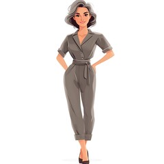 Fototapeta premium Cartoon middle-aged woman in a chic jumpsuit with a waist belt on a white background