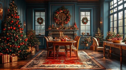 Flat design maximalist holiday dining scene with rich colors roasted dishes and intricate Victorian-style decor