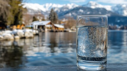 Sparkling Water by Mountain Lake Glass Composition, Scenic Background, Refreshing Concept Keywords Photography, Landscape