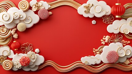 Chinese New year backdrop concept. Vibrant red background adorned with decorative clouds, flowers, and ornaments, creating an elegant festive frame.