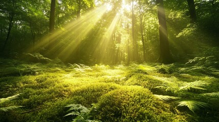 Sunbeams in Mossy Forest Landscape Photography, Green Canopy, Nature, Sun Rays Forest, Nature Photography