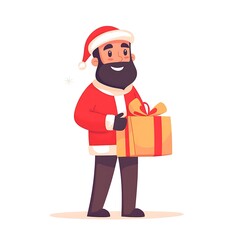Cartoon Man in Santa Costume, Holding Christmas Gift Bag on a White Background