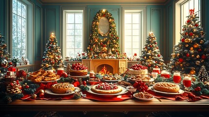 Fototapeta premium Flat design illustration of a grand Victorian Christmas dinner table with traditional food and luxurious decor