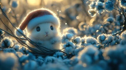 Obraz premium Cute fluffy bunny wearing Santa hat sitting in snowy cotton field during winter