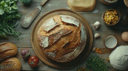 Fototapeta premium Homemade Organic Rye Bread on Wooden Table