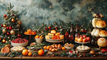 Fototapeta premium Flat design depiction of a maximalist Christmas dining table featuring layered decor roasted dishes and festive details