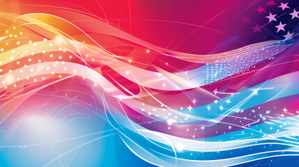 A design featuring the American flag as a backdrop, with dynamic wave patterns and bright, contrasting colors to evoke a sense of pride and celebration.