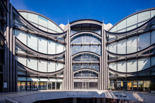 NICE, FRANCE - AUGUST 29, 2019: inner courtyard and glass facades of "Musee d'art moderne et d'art contemporain", called MAMAC,  Museum of Modern and Contemporary Art