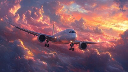 Airplane flying through sunset clouds.