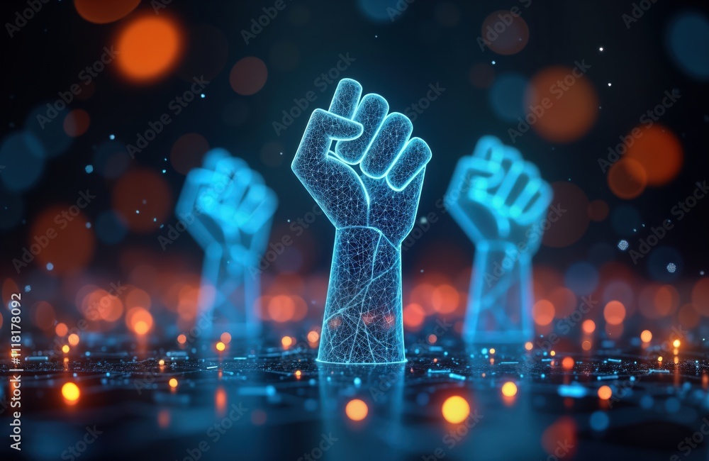 Poster digital fists raised in futuristic tech network. unity, revolution symbolized by polygonal hands. ab