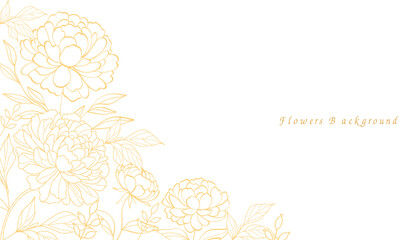 Background with flowers. Golden flower frame. Luxury bouquet of flowers, branches, leaves. 