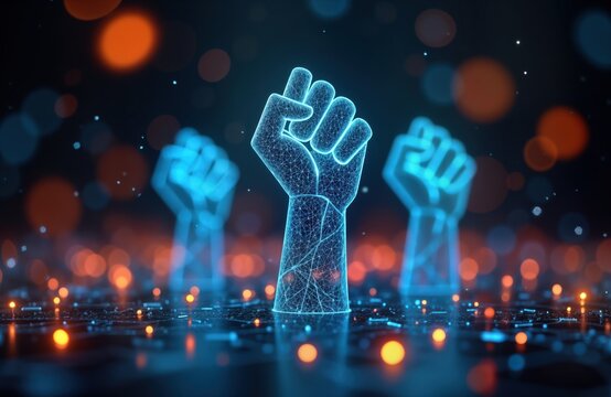 Digital fists raised in futuristic tech network. Unity, revolution symbolized by polygonal hands. Abstract, powerful visual represents collective digital uprising, strength. Cybernetic activism,