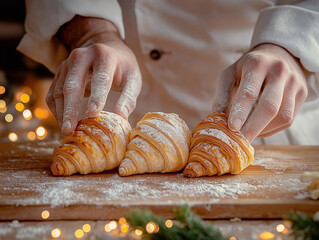 A pastry chef shaping holiday croissants