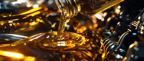 Liquid gold, vibrant motor oil, is poured into an engine, highlighting mechanical precision and industrial elegance.