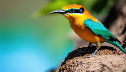 Fototapeta premium Beeeater bird burrows along a riverbank cliff, colorful avian habitat, focus cover all object, deep depth of field, no blur, photo not dark, everything is clear, copy space