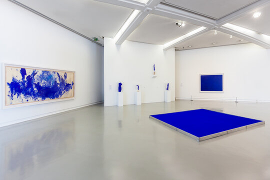 NICE, FRANCE - AUGUST 29, 2019: room dedicated to Yves Klein and his ultramarine blue with Pure Pigments, Anthropometries and Sponge sculptures, Museum of Modern and Contemporary Art, called MAMAC