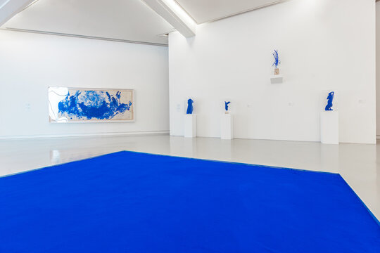 NICE, FRANCE - AUGUST 29, 2019: room dedicated to Yves Klein and his ultramarine blue with Pure Pigments, Anthropometries and Sponge sculptures, Museum of Modern and Contemporary Art, called MAMAC