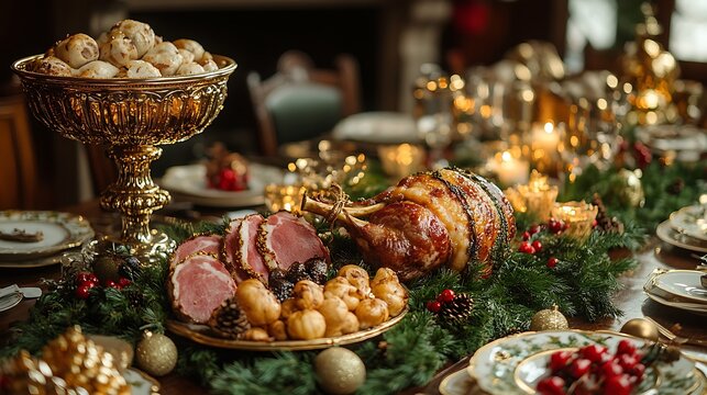 Ornate Victorian Christmas table with golden accents fresh greenery and a centerpiece featuring roasted meats