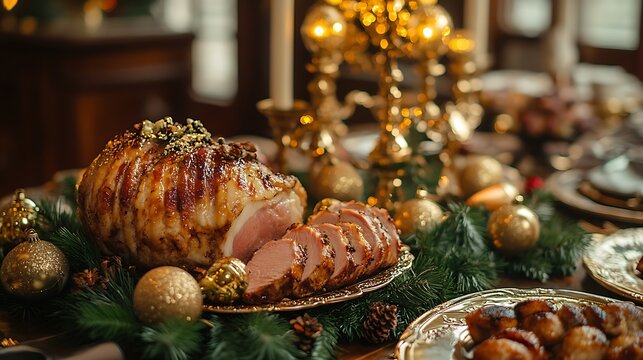 Ornate Victorian Christmas table with golden accents fresh greenery and a centerpiece featuring roasted meats