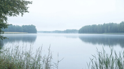 Fototapeta premium Serene lake landscape with misty trees reflected in calm water, creating a peaceful and tranquil scene.