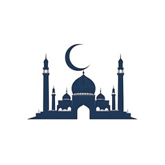 Mosque silhouette with a crescent moon above on white background.