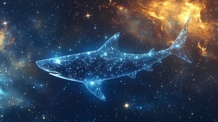 An enigmatic shark form, consisting of linked luminescent points, swims amid a stellar cosmic backdrop, symbolizing the fusion of innovation and mystery. Aether. Illustration