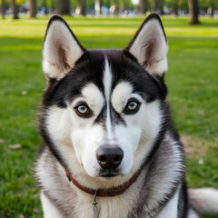 Fototapeta premium Vertical portrait of a Siberian Husky dog in the park