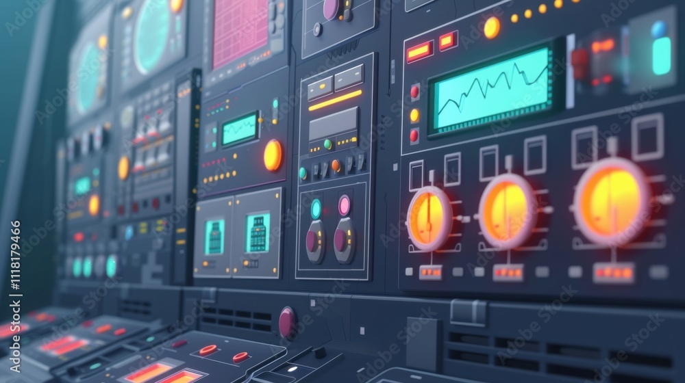 Poster futuristic control panel featuring various charts, dials, buttons, and indicators, embodying advance