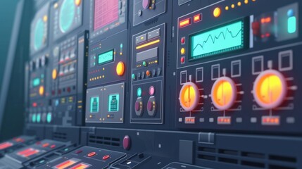 Futuristic control panel featuring various charts, dials, buttons, and indicators, embodying advanced technological monitoring in a high tech environment